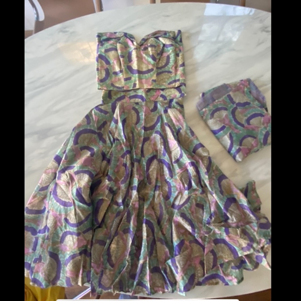 Gorgeous Print Silk Vintage 50’s 3 Piece Set Strapless Circle Skirt